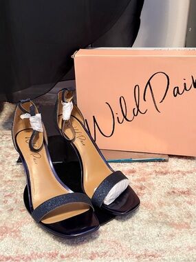 Wild Pair Navy Glitter Open-Toe Ankle Strap Heels